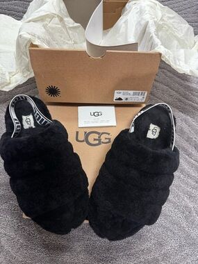 UGG Black Plush Slide Slippers with Logo Heel Strap